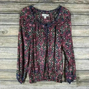 Decree Woman's Maroon & Navy Floral Long Sleeve Sheer Blouson Size Medium
